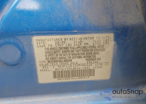 2020 Nissan Versa Sv Xtronic Cvt z USA, uszkodzony, nr VIN 3N1CN8EV6LL885249